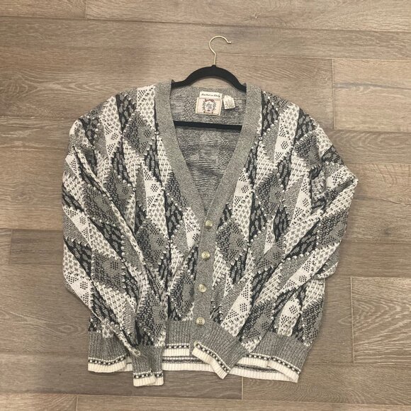 VTG Grandpa Sweater Cardigan Made in Italy Size Large Black White Gray Geometric - Picture 8 of 13